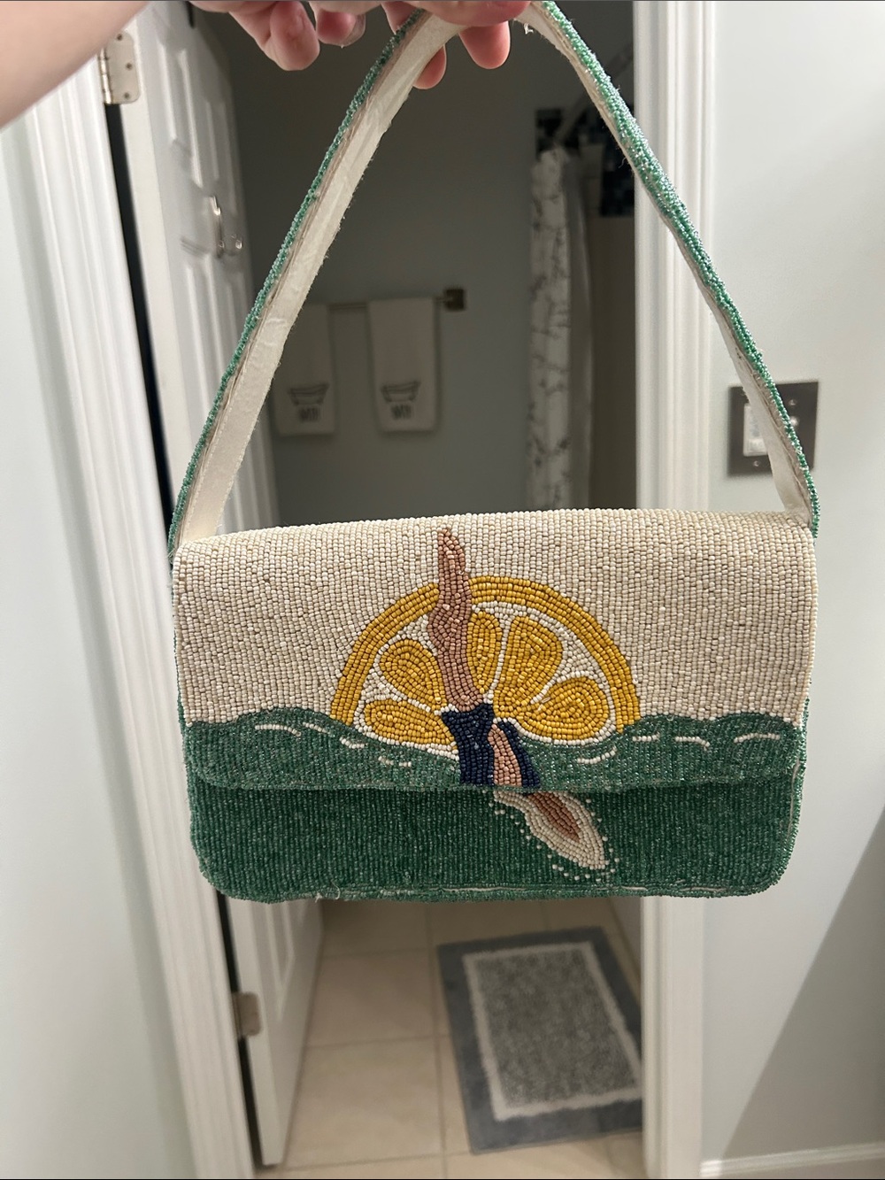 Beaded Lemon Swim Motif Shoulder Bag in Green and Cream